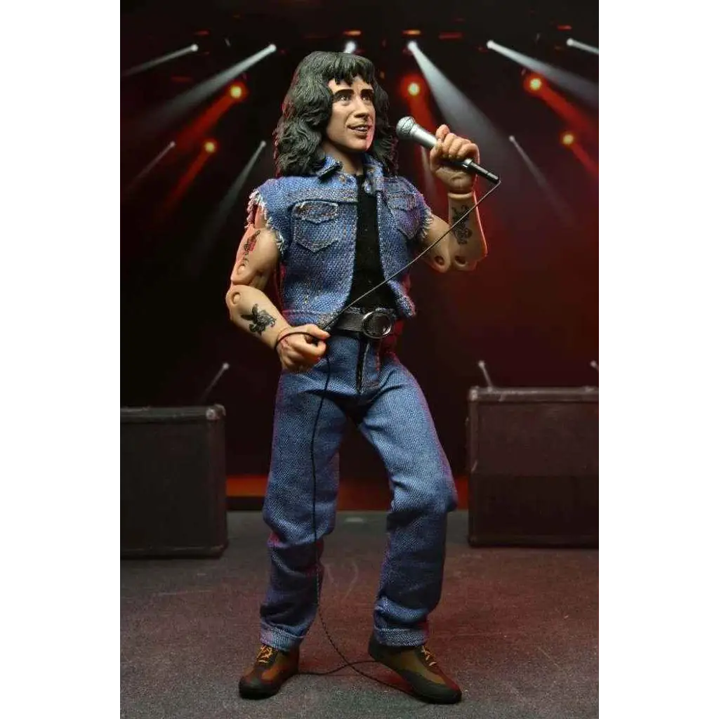 AC/DC Bon Scott Highway to Hell actionfigur i blå jeansväst och jeans på scen