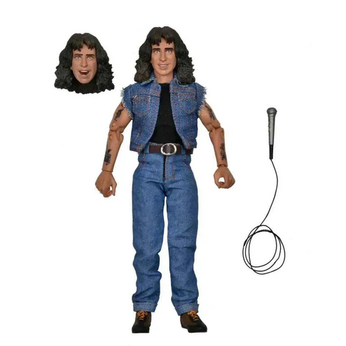 AC/DC Bon Scott Highway to Hell action figure i blå denimväst och jeansoutfit med svart skjorta, bruna skor och silverbältesbuckla
