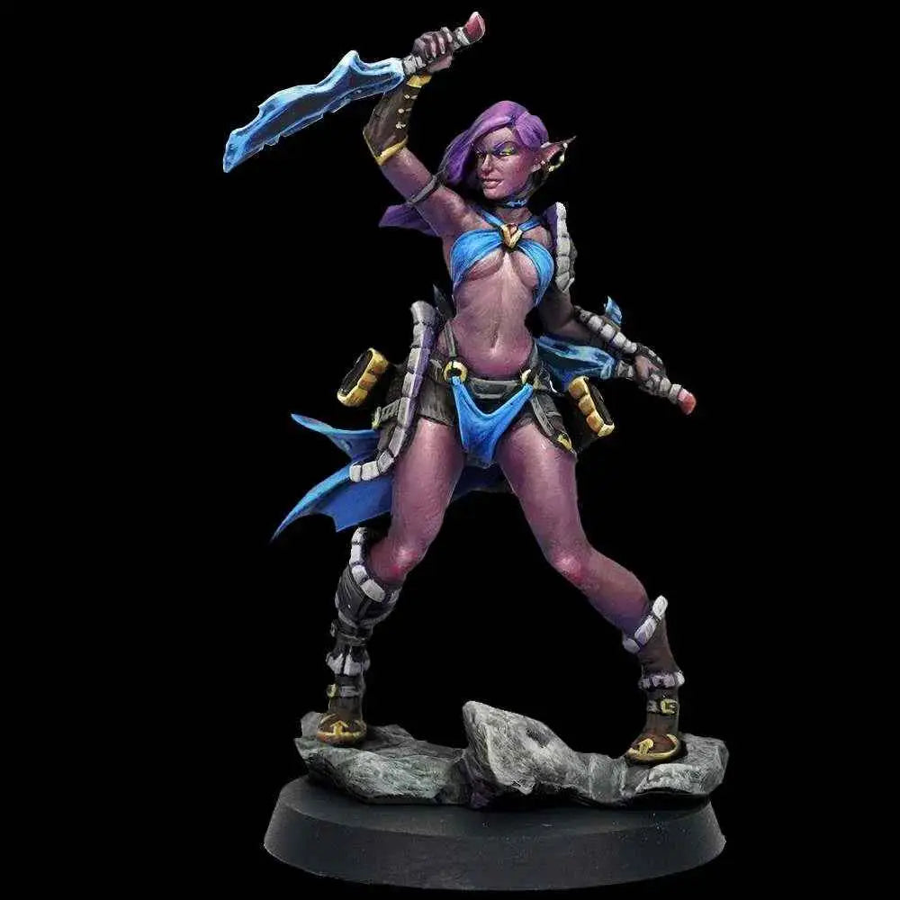 Lila hudad elfkrigare AG Miniatures Airdhana The Murderess 32mm med blå rustning och svärd