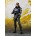 Svart och grå taktisk figur med långt mörkt hår, rustad väst, gröna byxor, svarta stövlar och assault rifle från Aiw Bucky & Tamashii Effect Impact SH Figuarts