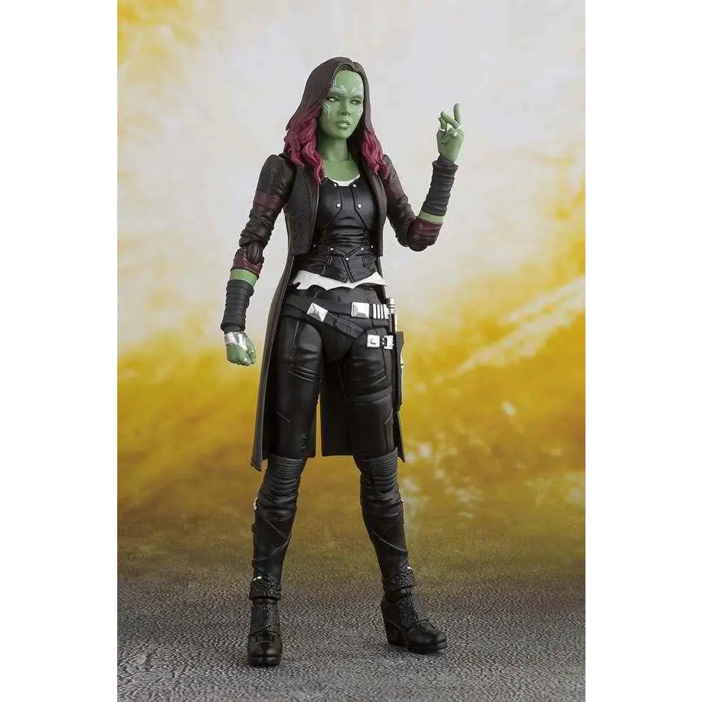 Grön Gamora SH Figuarts actionfigur med rött hår och svart läderoutfit
