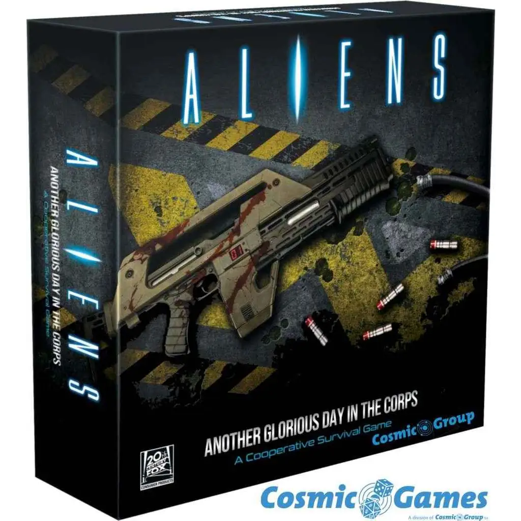 Blodig assault rifle i svart-gul Aliens-låda med röd ammo