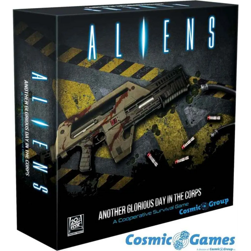Blodig assault rifle i svart-gul Aliens-låda med röd ammo