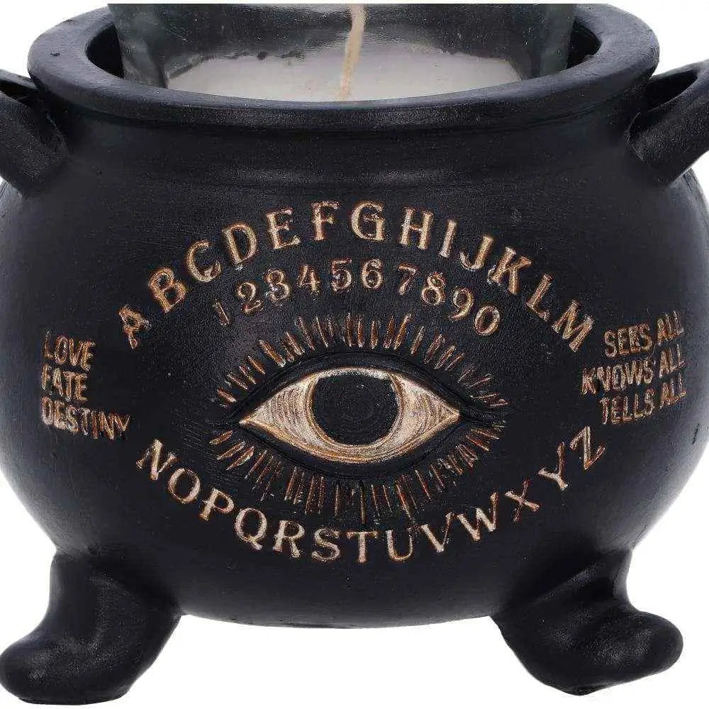 Svart keramisk häxgryta med guld Ouija-bräda och öga, 9 cm