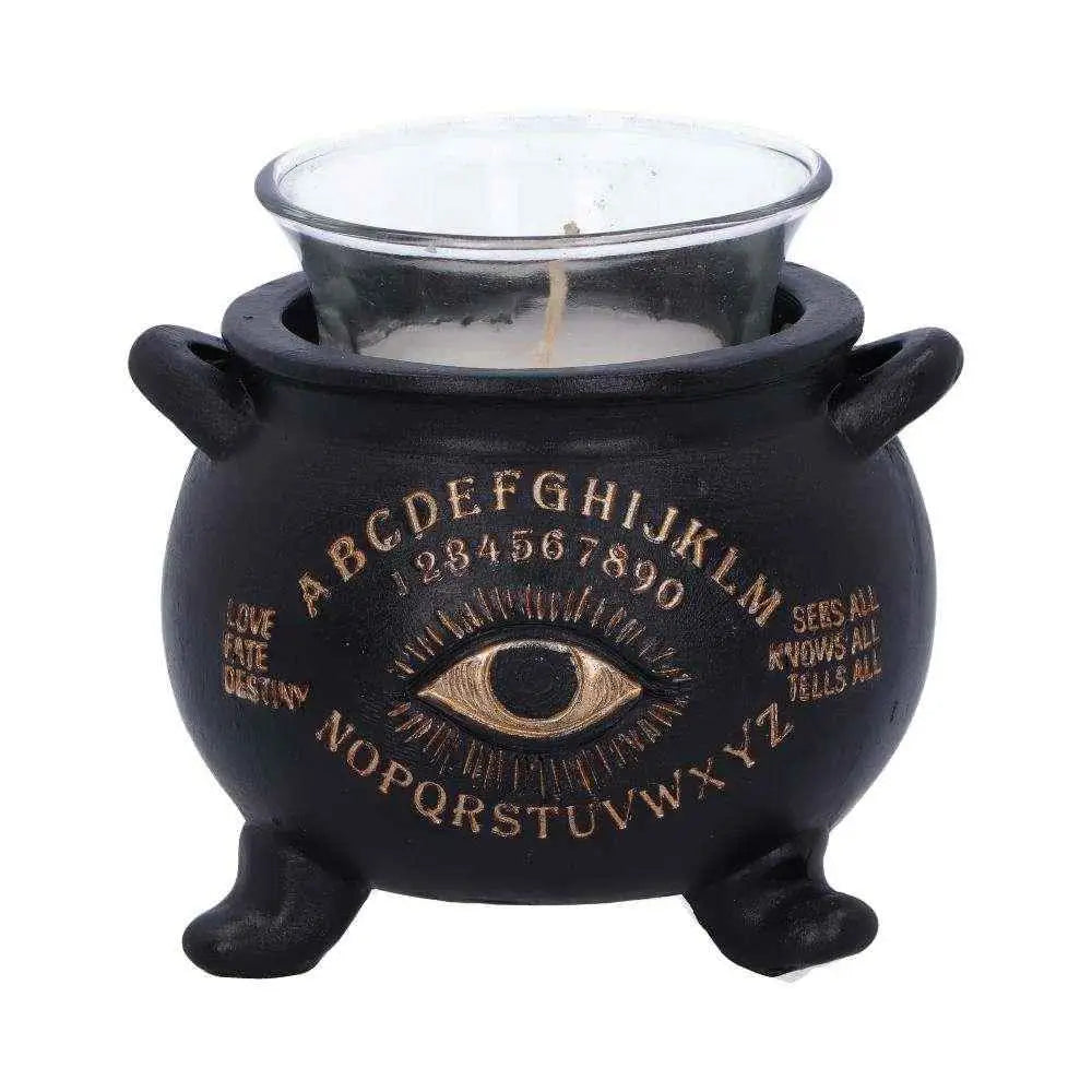 Svart keramisk Ouija-lyktahållare med guldfärgade bokstäver, siffror och öga