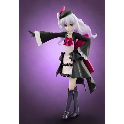Detaljerad animefigur av Aquarion Evol EX Claire Drosera Staty med långt silverfärgat hår i svartvit klädsel med röda rosetter