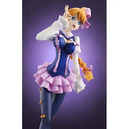 Detaljerad Aquarion Evol EX Mix Staty-figur av blond anime-tjej i blå korsettklänning med rosa volanger