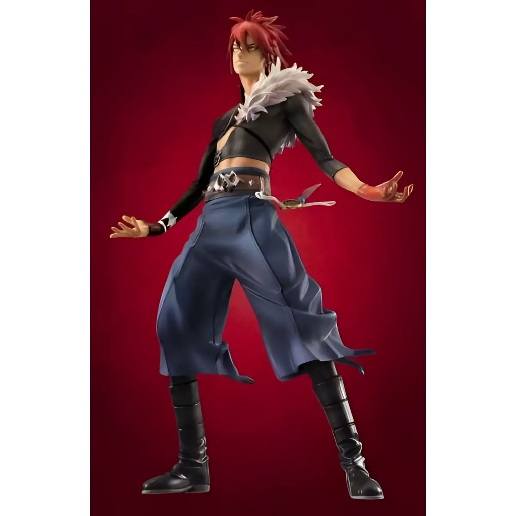 Rödhårig Aquarion Evol-figur av Gem Kagura Demuri i svartblå outfit med vit päls