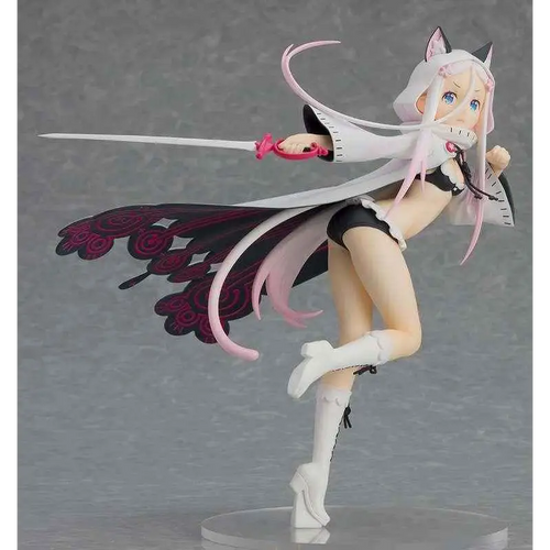 Vit Arsnotoria Cat Kingdom-figur från POP UP PARADE med svartvit design, rosa hår, kattöron, intrikata mörkröda vingar och dynamisk svärdpose