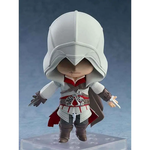 Vit Assasin’s Creed Ezio Auditore Nendoroid-figur med vit-röd huva, rustning och dubbla dolkar
