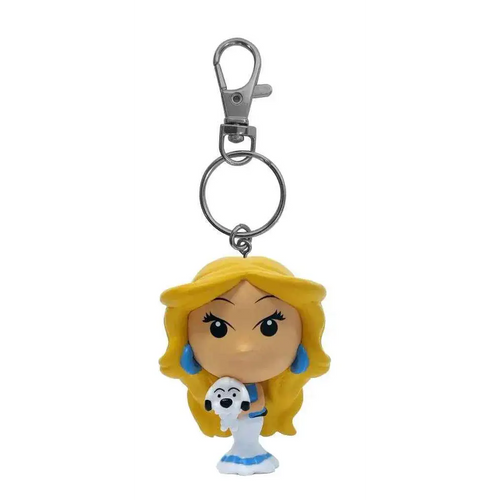 Gulhårig Falbala med blå örhängen och Idefix i famnen, chibi nyckelring