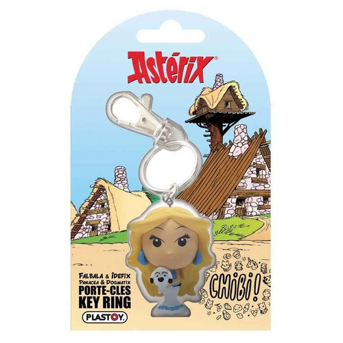 Chibi nyckelring med Obelix och Idefix, klar plast, blond hår, blå örhängen