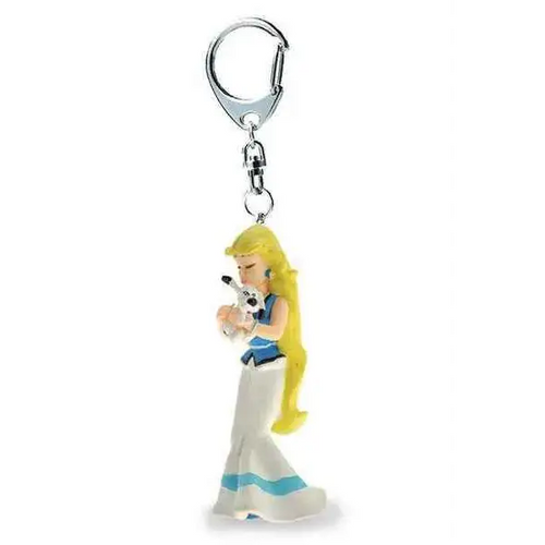 Asterix Falbala-nyckelring med blond kvinna i vit blå klänning och hund