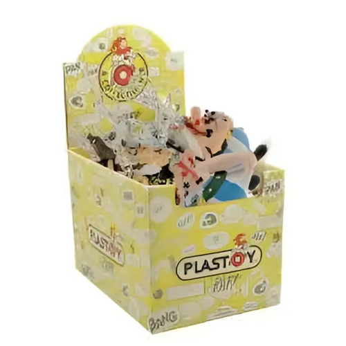 Gul plastleksaksdisplaylåda med Plastoy-märke och Asterix-logotyper, 25 nyckelringar