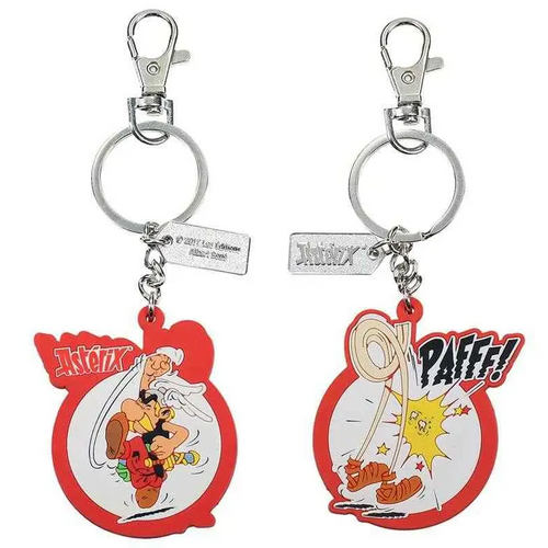 Röda och vita gumminyckelringar med Asterix i dynamiska poser, silver spänne och etikett