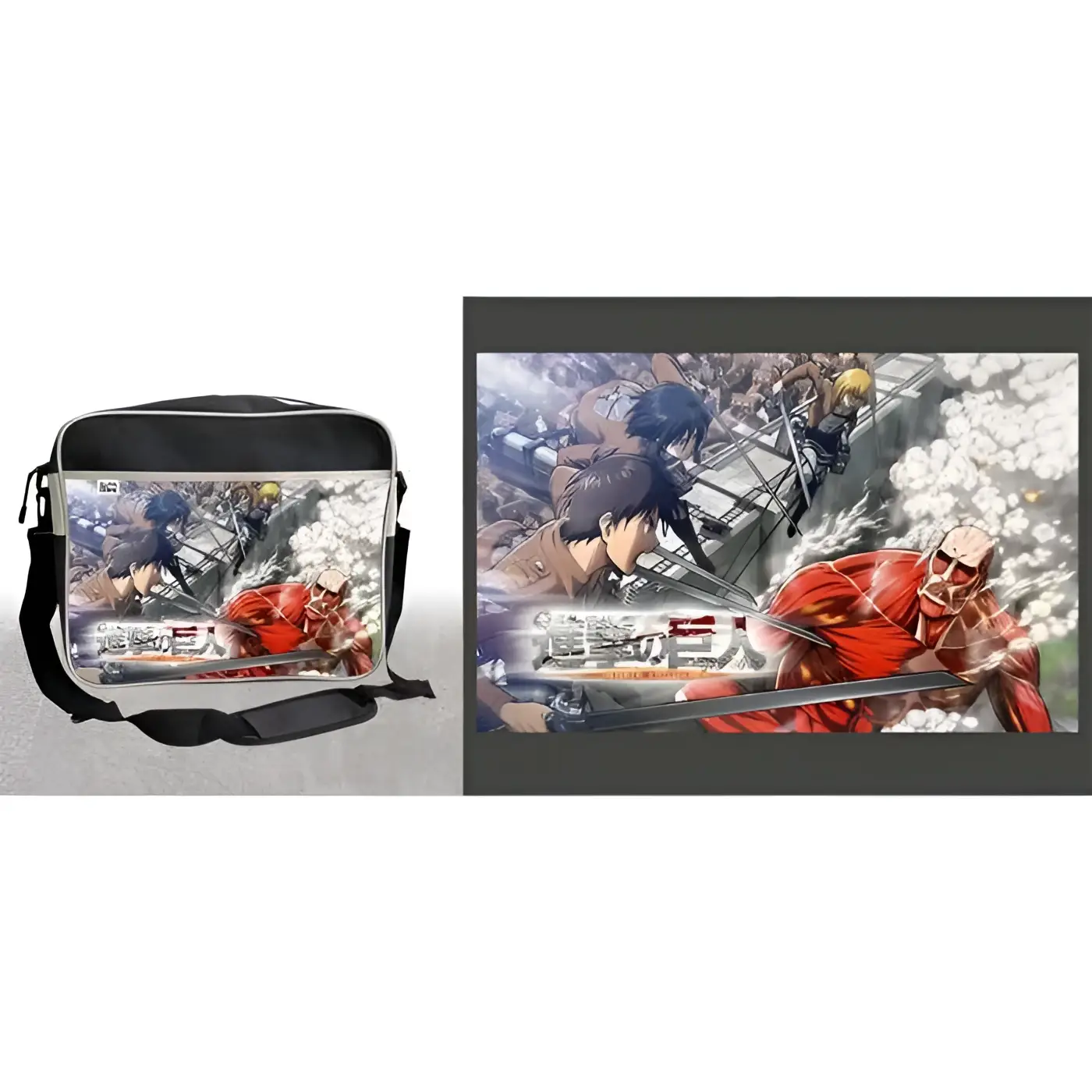 Svart och grå animeväska med Attack on Titan-figurer i rött