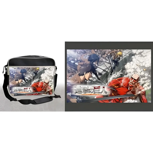 Svart och grå animeväska med Attack on Titan-figurer i rött