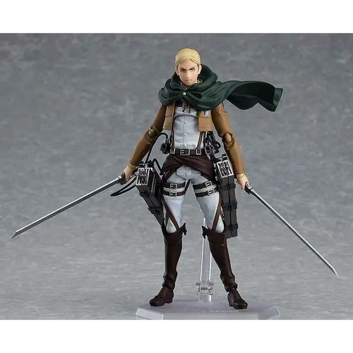 Attack on Titan Erwin Smith figma actionfigur med blont hår, taktisk utrustning, grön mantel och två svärd