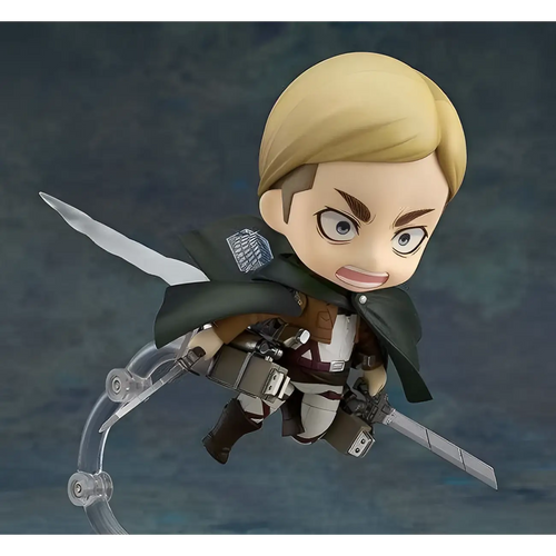 Chibi Levi Ackerman-figur med blont hår och grön mantel med Survey Corps-emblem från Attack on Titan, i Erwin Smith Nendoroid-rerun