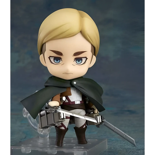 Chibi Nendoroid-figur av Erwin Smith från Attack on Titan, blond med blå ögon, grön mantel, vit-brun rustning, två svärd