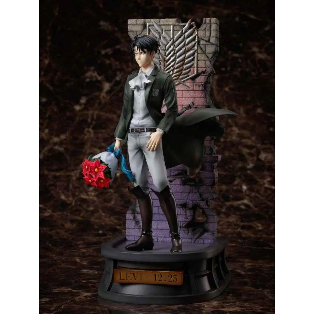 Attack on Titan Levi födelsedagsstaty 1/7 med svarta blommor vid tegelvägg