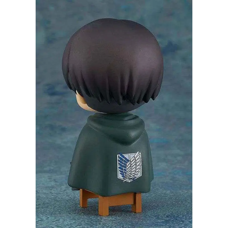 Mörkbrun kortklippt figur i grön huva med Attack on Titan emblem