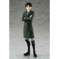 Attack on Titan Levi POP UP PARADE figur med mörkgrön militärkappa, svart bälte, stövlar och detaljerad skulptur på klar cirkulär bas