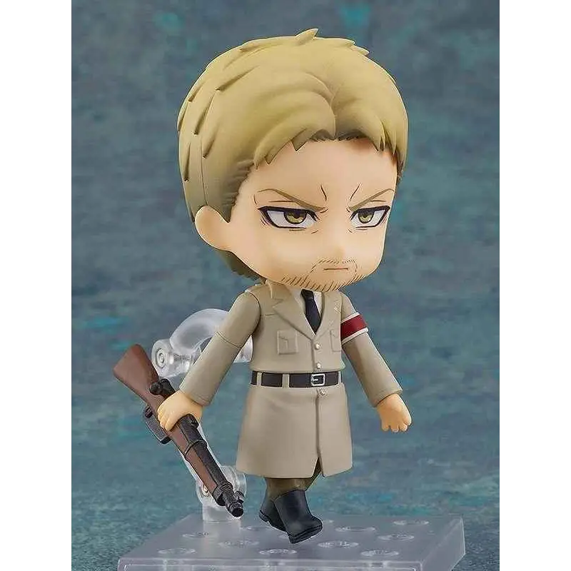 Attack on Titan Reiner Braun Nendoroid figur med gevär, arg blond figur i beige mantel