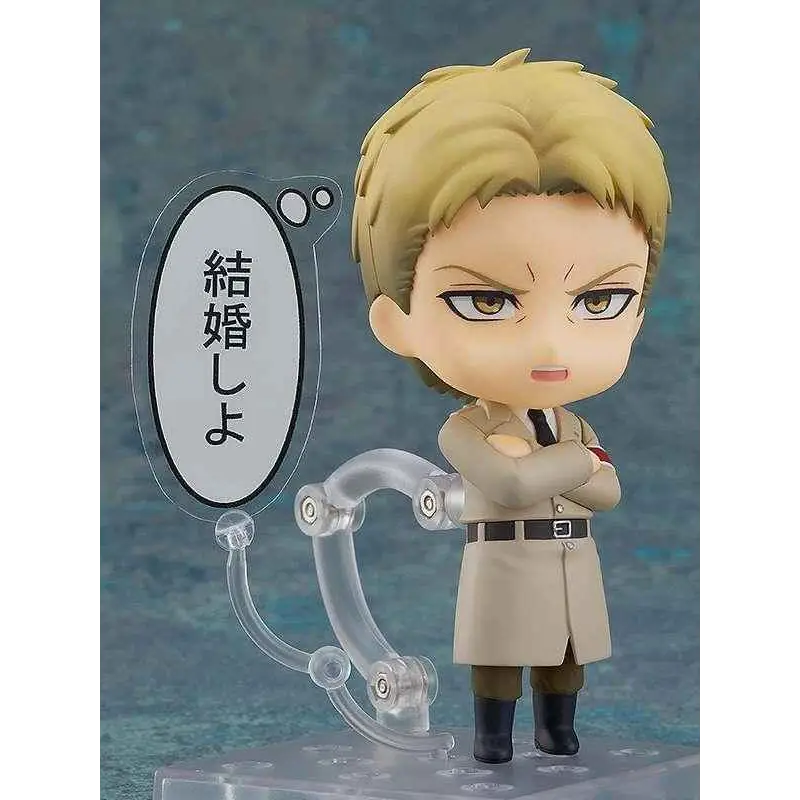Attack on Titan Reiner Braun Nendoroid i beige trenchcoat med blond hår, sträng min