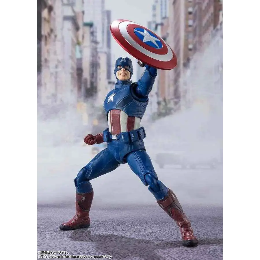 Blå och röd Captain America-figur i dynamisk pose med ikonisk sköld