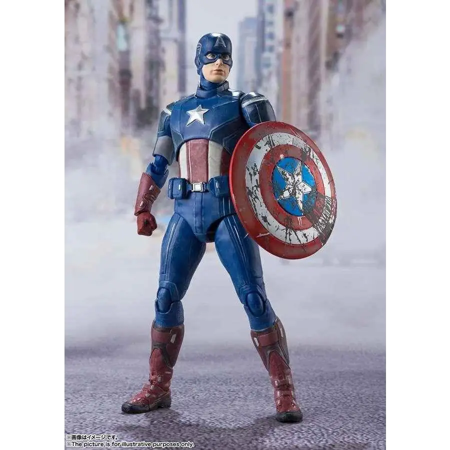 Blå, röd och vit målad Captain America-actionfigur med väderbit sköld i ikonisk dräkt, Avengers Assemble SH Figuarts