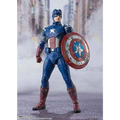 Blå, röd och vit målad Captain America-actionfigur med väderbit sköld i ikonisk dräkt, Avengers Assemble SH Figuarts