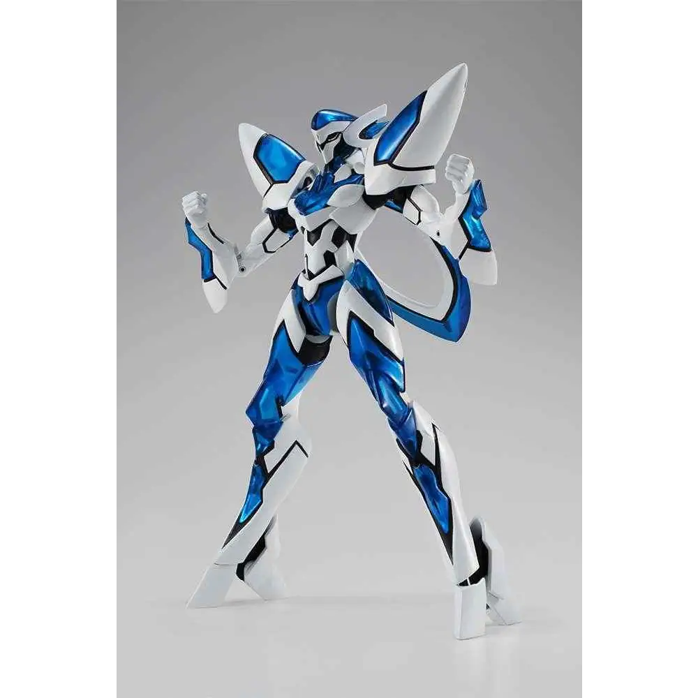 Blå och vit pansrad figur med slank, vinklad design från Back Arrow Briheight Muga