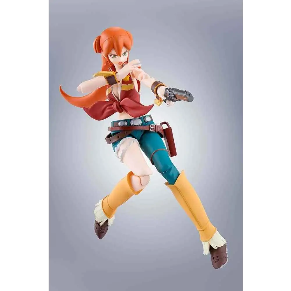 Back Arrow Elsha Lean S.H.Figuarts: orangehårig actionfigur i röd och turkos outfit med gula stövlar, håller pistol