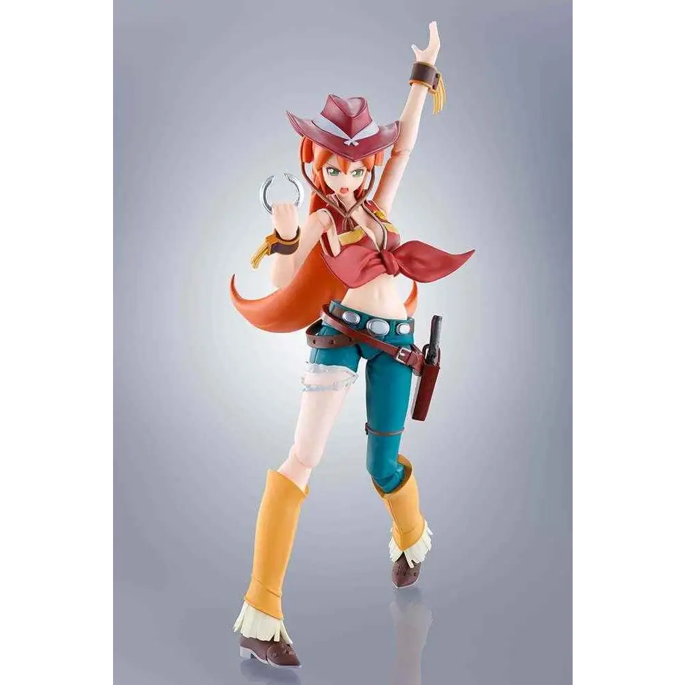 S.H.Figuarts Back Arrow Elsha Lean: kvinnlig cowboy med orange hår, röd hatt och scarf, blå shorts, gula stövlar, håller silverring