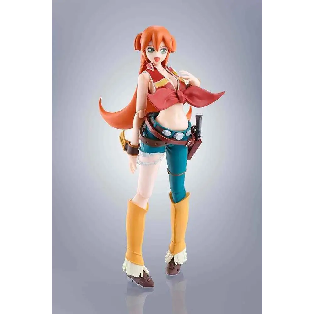 Figur av orangehårig animeflicka Elsha Lean från Back Arrow, S.H.Figuarts, med röd rosett, turkosa shorts och gula stövlar
