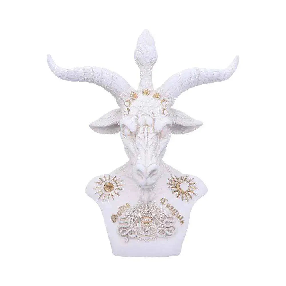 Vit Baphomet-skulptur med gulddetaljer och intrikat design