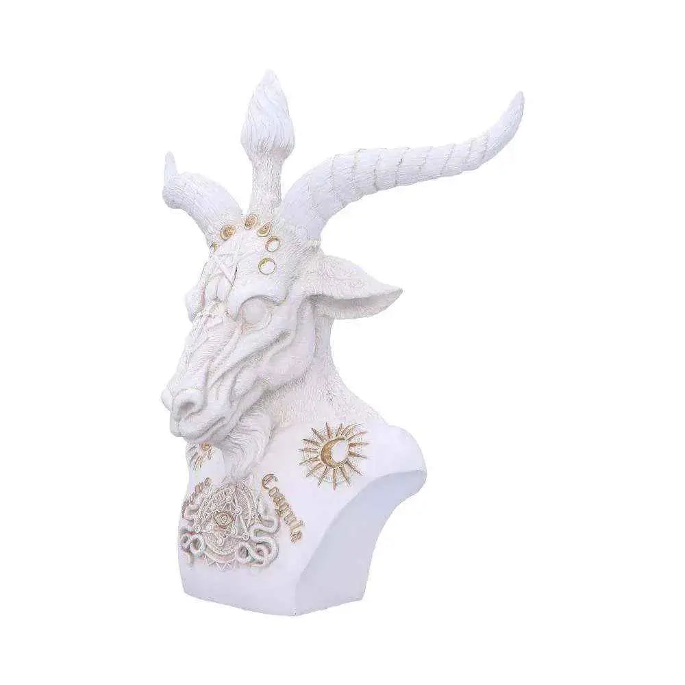 Vit skulptur av bockhuvud i resin med gulddetaljer och intrikat utsmyckning