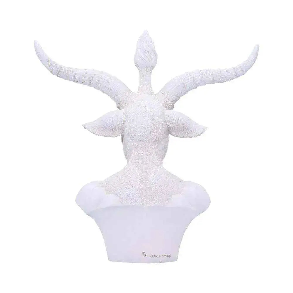 Vit Baphomet-skulptur med gethuvud, texturerad päls och böjda horn