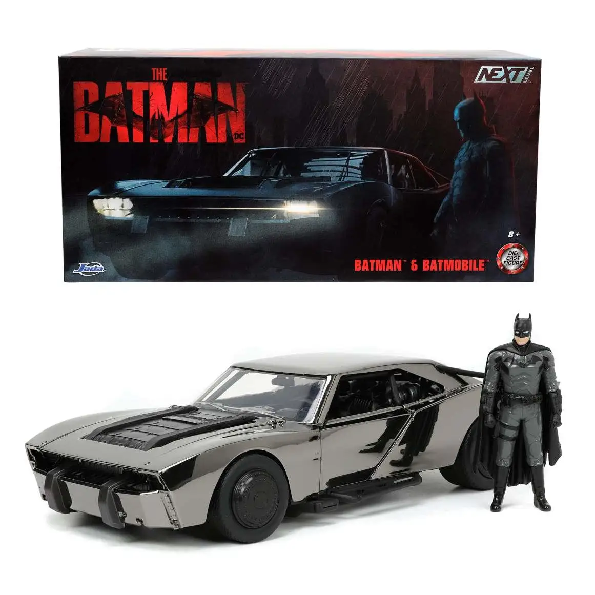 Silver Batmobile-modell med Batmanfigur från The Batman, SDCC-variant