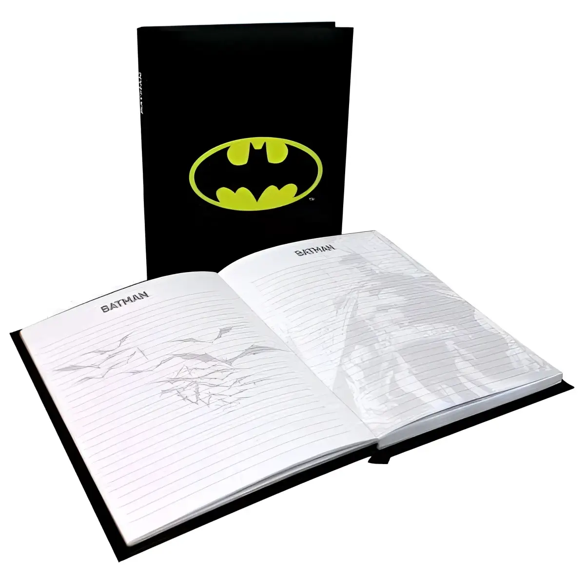 Svart Batman-anteckningsbok med gul bat-symbol och linjerade sidor