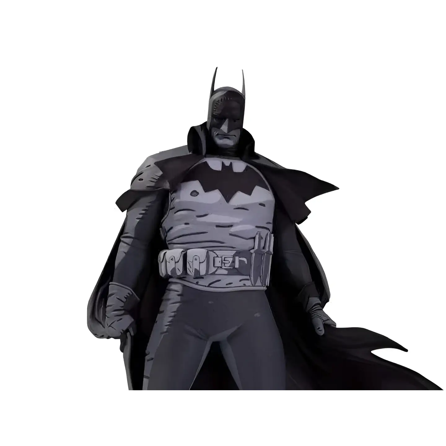Svartvit Batman-actionfigur av Mike Mignola med ikonisk mantel och bälte