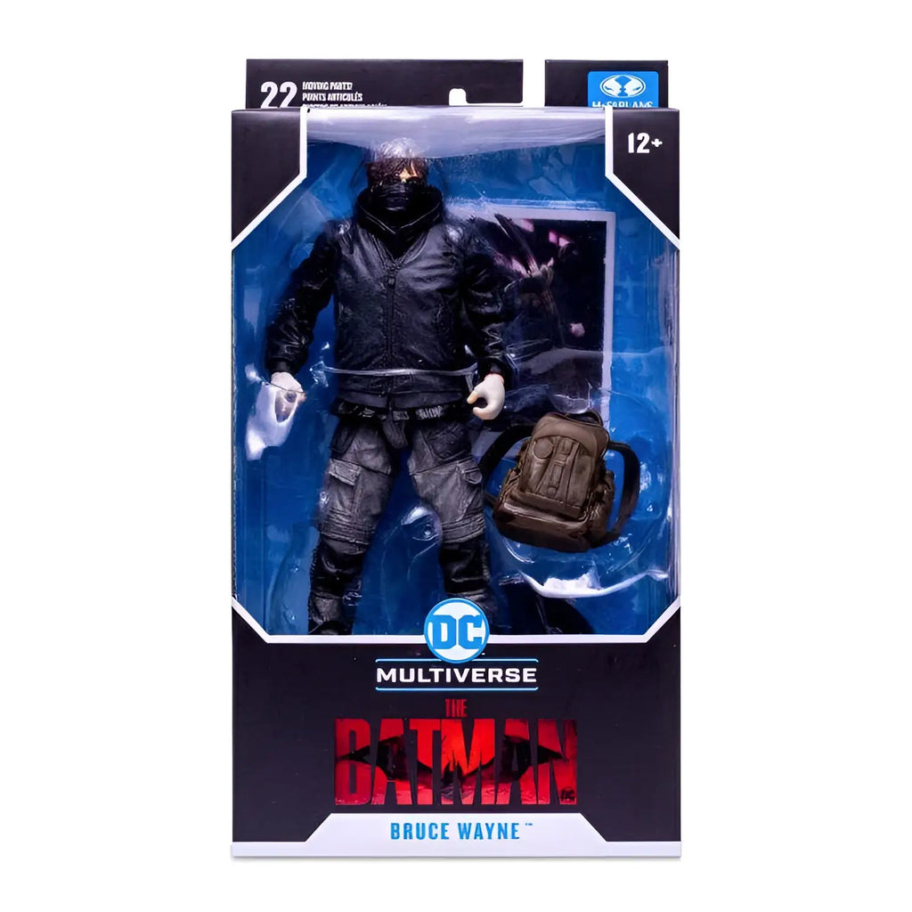 Batman Bruce Wayne Drifter-figur i svart och grå taktisk outfit i DC Multiverse-förpackning