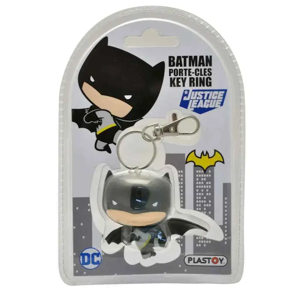 Chibi Batman nyckelring i blisterförpackning med svart-grå kropp och gul emblem