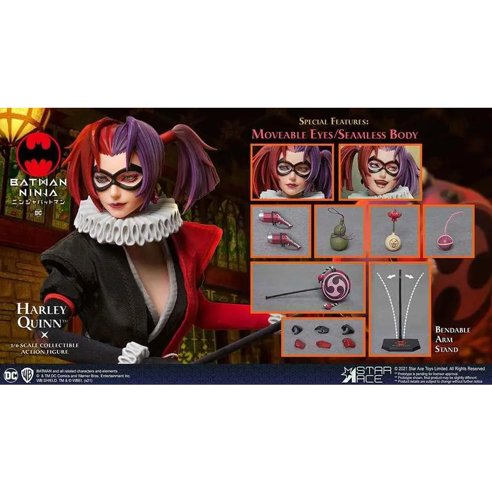 Batman Ninja 1/6 Harley Quinn figur med rött och lila hår, svart mask och röd-svart outfit