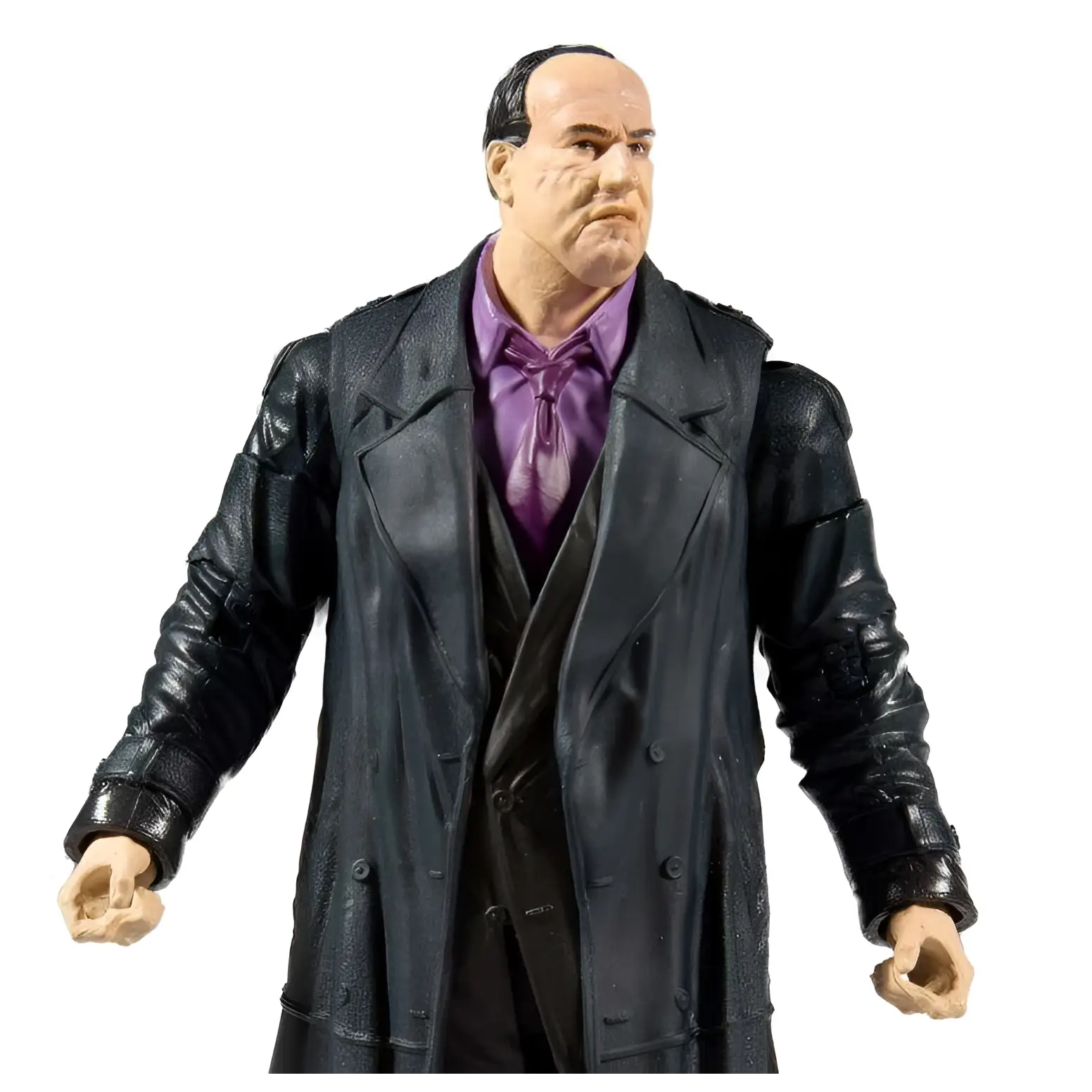 Svart lädertexturerad mantel över lila skjorta och mörk väst, Batman Penguin-figur från McFarlane Toys