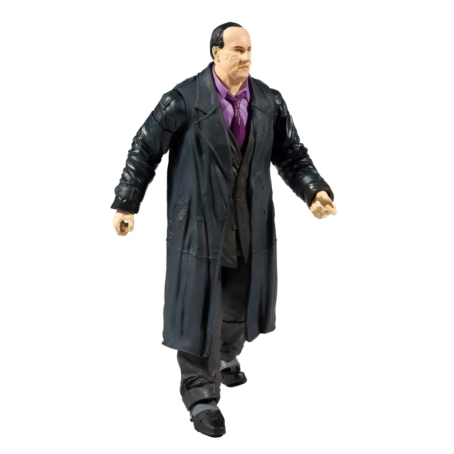 Batman Penguin actionfigur med svart läderlik trenchcoat, lila skjorta och slips från McFarlane Toys