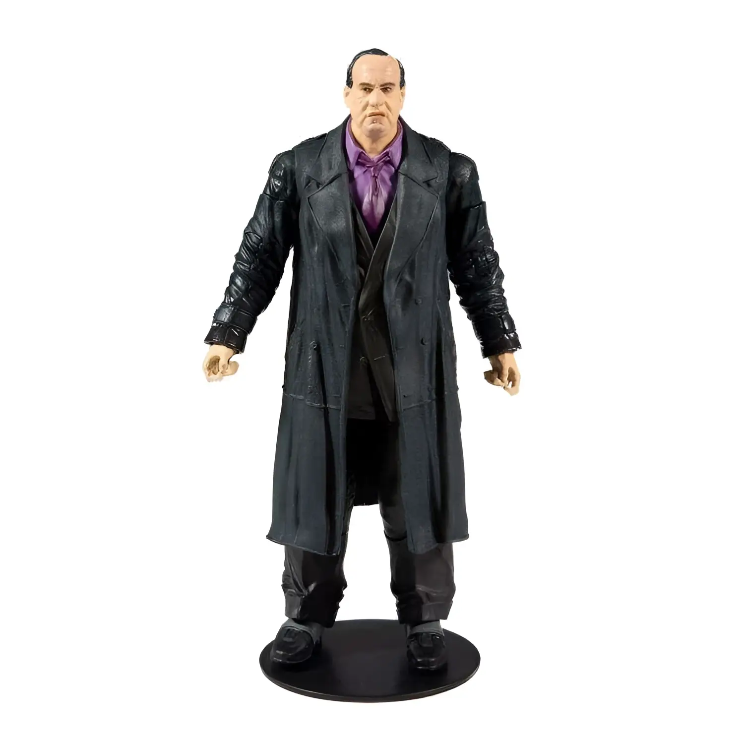 Batman Penguin actionfigur med svart läderliknande kappa, lila skjorta och mörk väst från McFarlane Toys