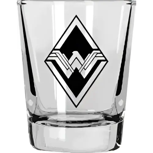 Klar glas shotglas med svartvit Wonder Woman-logo i Batman vs Superman-set