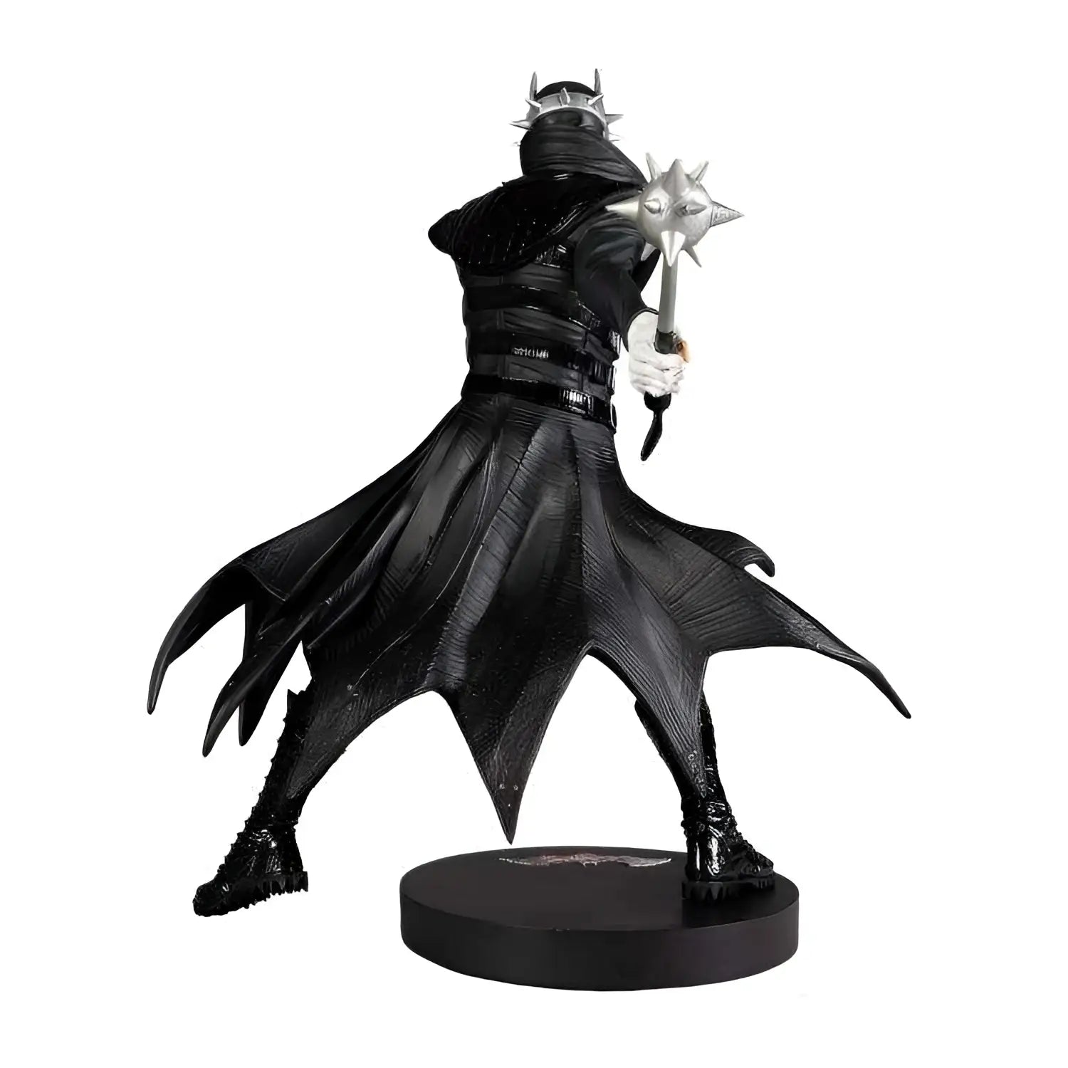 Staty av Batman Who Laughs av Greg Capullo, svart rustad figur med spikad hjälm och mace